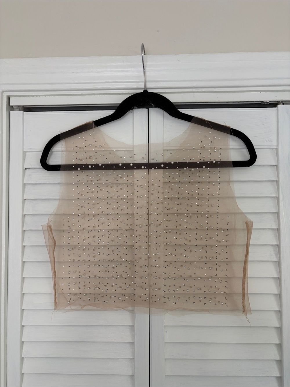 Beige Sleeveless Sheer Mesh Top with Rhinestones